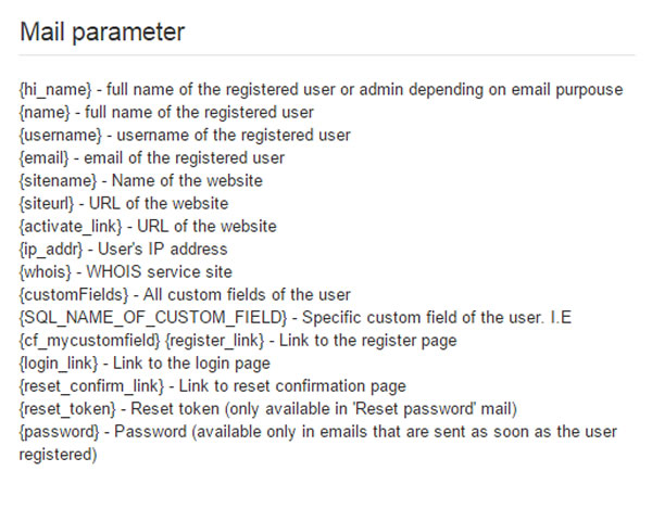 mails parameters
